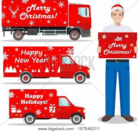 Detailed illustration of Christmas delivery truck and deliveryman hold the box on white background in flat style. Vector illustration.