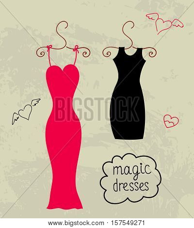 Little black and red dress on hanger. Vector illustration. Women's clothing for party.