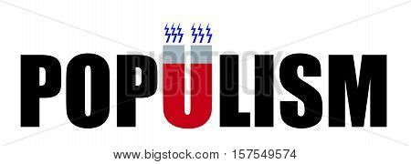 Populism. Word populism, letter U as magnet.