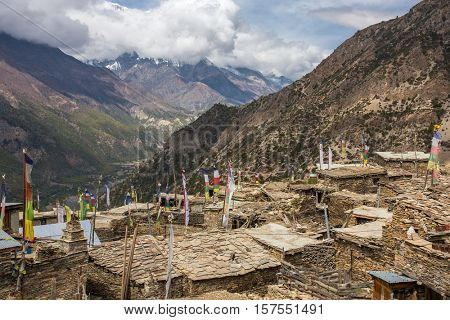 Upper Pisang village on the Annapurna Circuit Trek in the Himalayas, Nepal