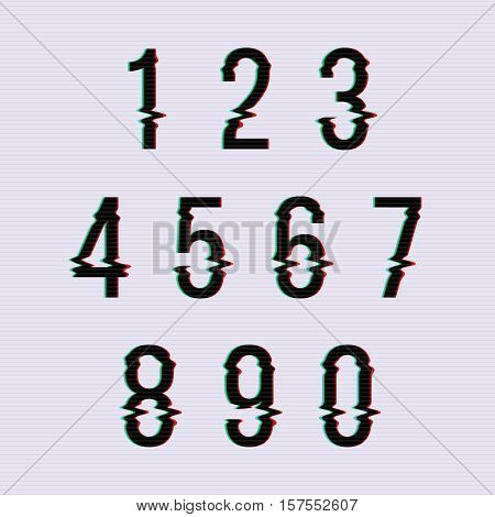 Frozen glitch screen distortion vector numbers. Set of numbers distorted, numeral order illustration