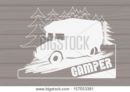 Vector illustration of Vintage Hand Drawn logos design on wood background, Camper trailer, car Recreation transport, Vehicles Camper Vans Caravans Icons, badges, stamp, print, types, sign.