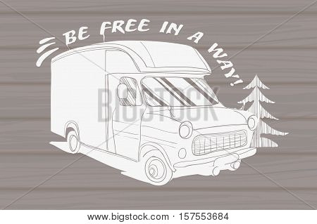 Vector illustration of Vintage Hand Drawn logos design on wood background, Camper trailer, car Recreation transport, Vehicles Camper Vans Caravans Icons, badges, stamp, print, types, sign.