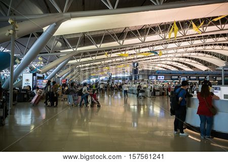 Osaka, Japan - November 2016: Architecture / interior of Kansai International Airport (KIX), Osaka, Japan. Kansai Airport is one of the busiest airports in Japan and an Asian hub, with 780 weekly flights to Asia and Australasia.