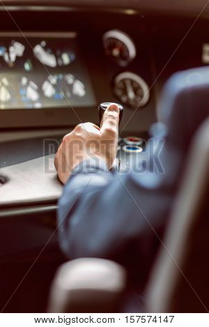 Train driver in the control cabin, , color image, horiozntal image,