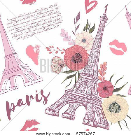 Paris. Vintage seamless pattern with Eiffel Tower, kisses, hearts and floral elements on white background. Retro hand drawn vector illustration in watercolor style.