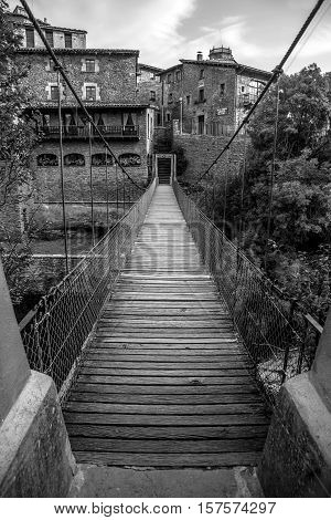 Rupit, Catalonia, October 04, 2016. Pendant bridge in Rupit village, Spain