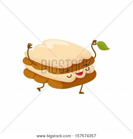 Funny tiramisu dessert character with a mint leaf, cartoon style vector illustration isolated on white background. Cute smiley tiramisu character with eyes, legs, and a wide smile