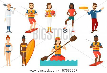 Professional sportsman wakeboarding. Wakeboarder making tricks. Man studying wakeboarding. Young sportsman riding wakeboard. Set of vector flat design illustrations isolated on white background.