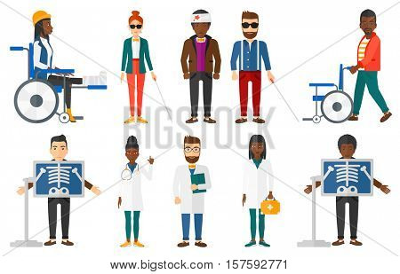 Patient during chest x ray procedure. Young man with x ray screen showing his skeleton. Patient on reception at radiologist. Set of vector flat design illustrations isolated on white background.