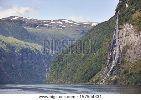 Norwegian fjord landscape. Hellesylt Geiranger route. Tourism Norway