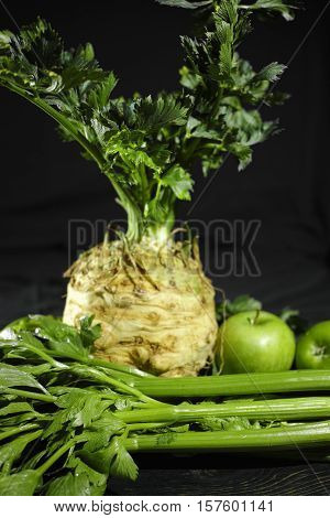 Celery celery root - celeriac and green apples fresh healthy vegetables diet and fitness