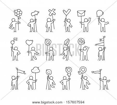 Cartoon icons set of sketch little people with life symbols. Doodle cute miniature scenes of workers with mark arrow flags. Hand drawn vector illustration for web design and infographic.