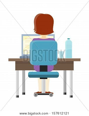 Brunette woman sitting at a desk and working on the computer, back view. Workplace, make money online, e-business, e-learning, concept. Woman working on laptop computer. Vector illustration in flat.