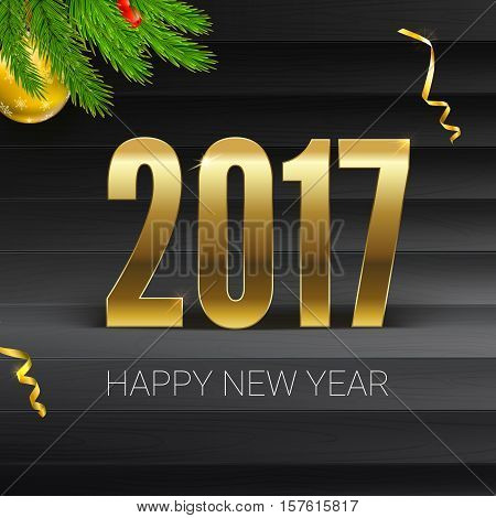 Christmas card with coming 2017 year. Golden Christmas balls, ribbons, streamers and green fir branches, inscription Happy New Year and golden number. Vector illustration, template for greeting cards