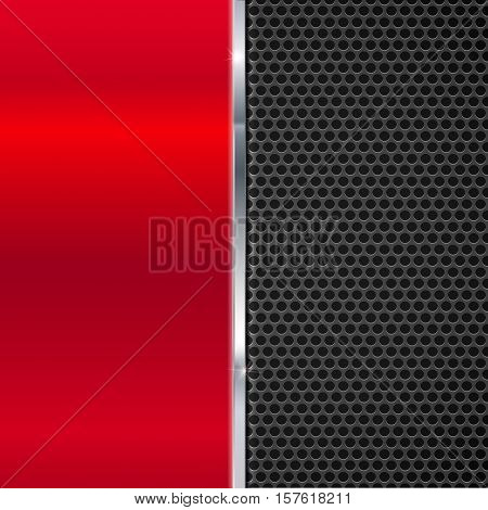 Background of polished red metal and black metal mesh with polished metal strip. Technological background for garages, auto shops and just creativity