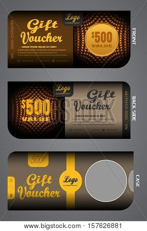 Set of vector blank gift voucher with case to increase sales with pattern on a brown background.