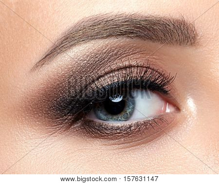 Close Up View Of Blue Woman Eye With Beautiful Makeup