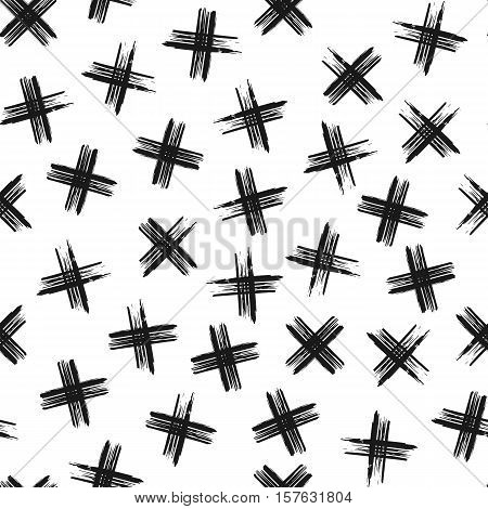 Seamless pattern of black crosses, abstract seamless background with pluses sign, monochrome hand painted vector, design for for for textile, wallpaper, web design, wrapping, fabric, paper