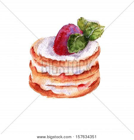Cake in the style of Rostik's strawberry mousse. isolated on a white background. watercolor illustration.