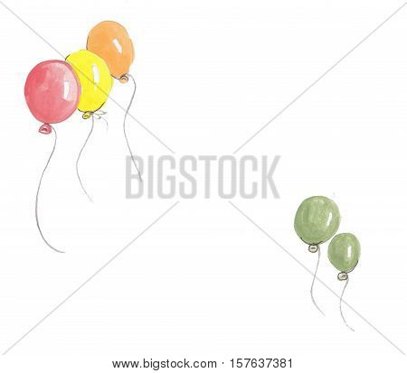 watercolor flying ballons red orange yellow and green