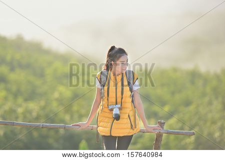 Misty Mountain tourist woman Nong Khai, Thailand.