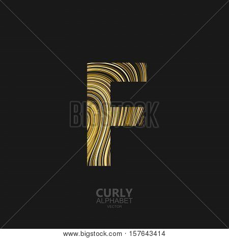 Curly textured Letter F. Typographic vector element for design. Part of marble or acrylic texture imitation textured alphabet. Letter F with diffusion lines swirly pattern. Vector illustration
