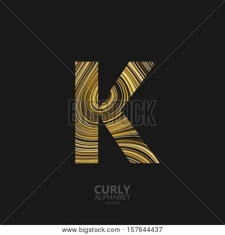 Curly textured Letter K. Typographic vector element for design. Part of marble or acrylic texture imitation textured alphabet. Letter K with diffusion lines swirly pattern. Vector illustration