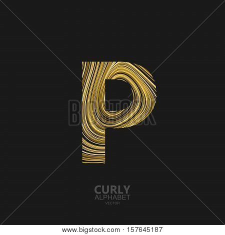 Curly textured Letter P. Typographic vector element for design. Part of marble or acrylic texture imitation textured alphabet. Letter P with diffusion lines swirly pattern. Vector illustration