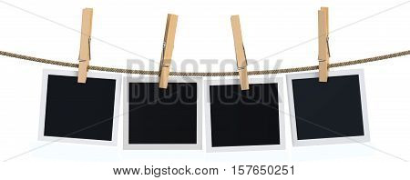 Blank instant photo hanging on the clothesline 3D rendering isolated on white background
