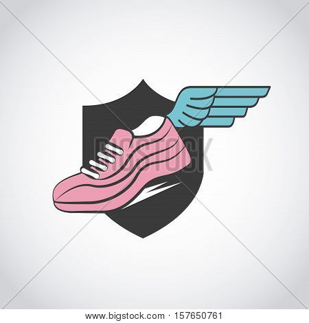 sport running shoues with wing over black shield and white background. colorful design. vector illustration