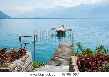 A row boat on lake Geneva in Montreux, Switzerland