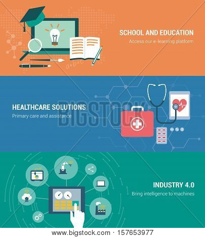 Education healthcare and industry banners set with laptop and tablets