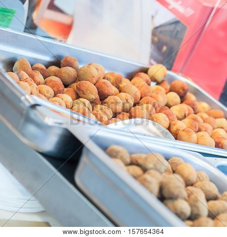 Italian food. Fried olive ascolane . Typical regional dish. Selective focus.