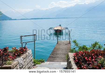 A row boat on lake Geneva in Montreux, Switzerland
