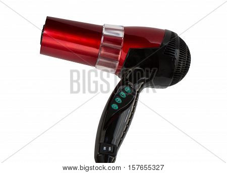 Fashion red hair dryer isolated on white. Red hairdryer