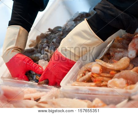 Handling shrimp at the seafood stall at the farmer's market