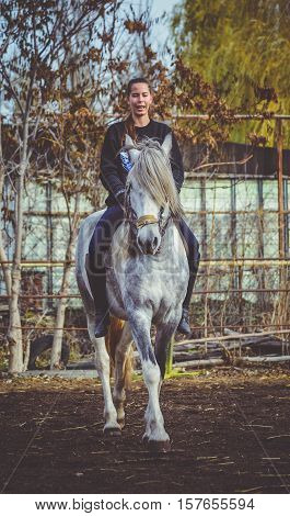 Young beautiful brunette girl rides a horse bareback with hackamore. Warm and sunny autumn day. Portrait of a pretty young woman on the horse, wearing tall boots and gloves.