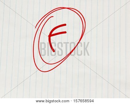 F (failing) grade written in red on notebook paper