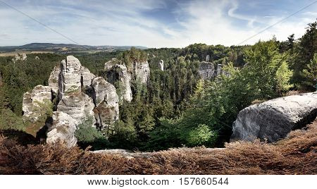 Panoramic view of sandstone rocks in Bohemian Paradise, Czech republic