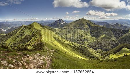 Mala Fatra National Park, Slovakia. View from the mountain ridge to Velky Rozsutec, Stena and Stoh hills.