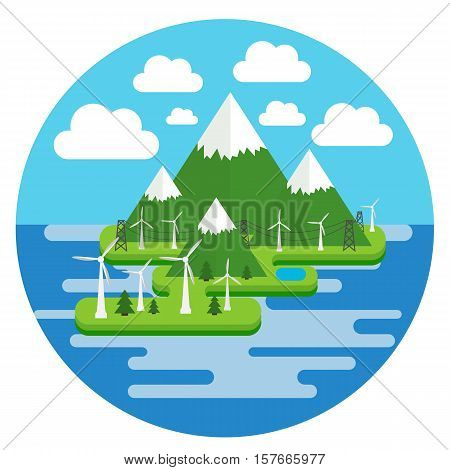 Vector illustration in a flat style of environmentally friendly types of energy, environment, wind power plants on the island in the ocean.