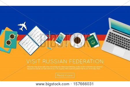 Visit Russian Federation Concept For Your Web Banner Or Print Materials. Top View Of A Laptop, Sungl