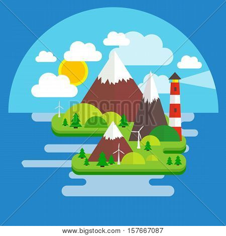 Vector illustration of a flat style island in the middle of the ocean with a lighthouse and clouds