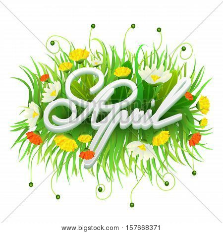 vector spring illustration with flowers and grass april isolated