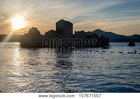 Summer sunset in Przno bay in Montenegro