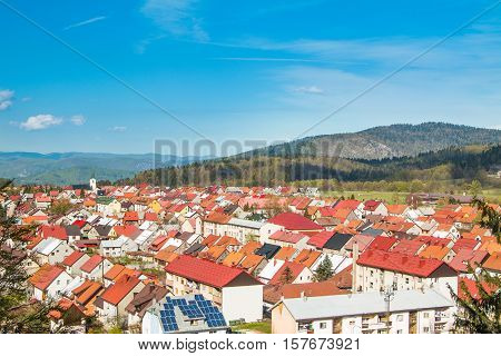 Panoramic view of Croatian town Delnice, Gorski Kotar in spring