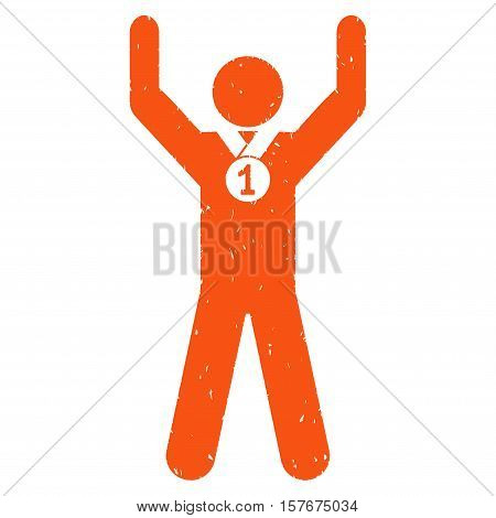 Winner Hands Up grainy textured orange icon for overlay watermark stamps. Flat symbol with dust texture. Dotted vector ink rubber seal stamp with grunge design on a white background.