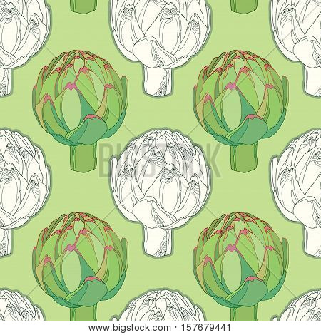 Vector seamless pattern with outline head of Artichoke or Cynara on the green background. Hand drawn organic elements. Vegetable culture in contour style for organic design.