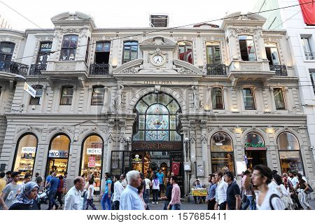 ISTANBUL TURKEY - SEPTEMBER 14 2016: People in front of Cicek Pasaji in Istiklal Avenue. Cicek Pasaji is a famous historic passage opened in 1876.